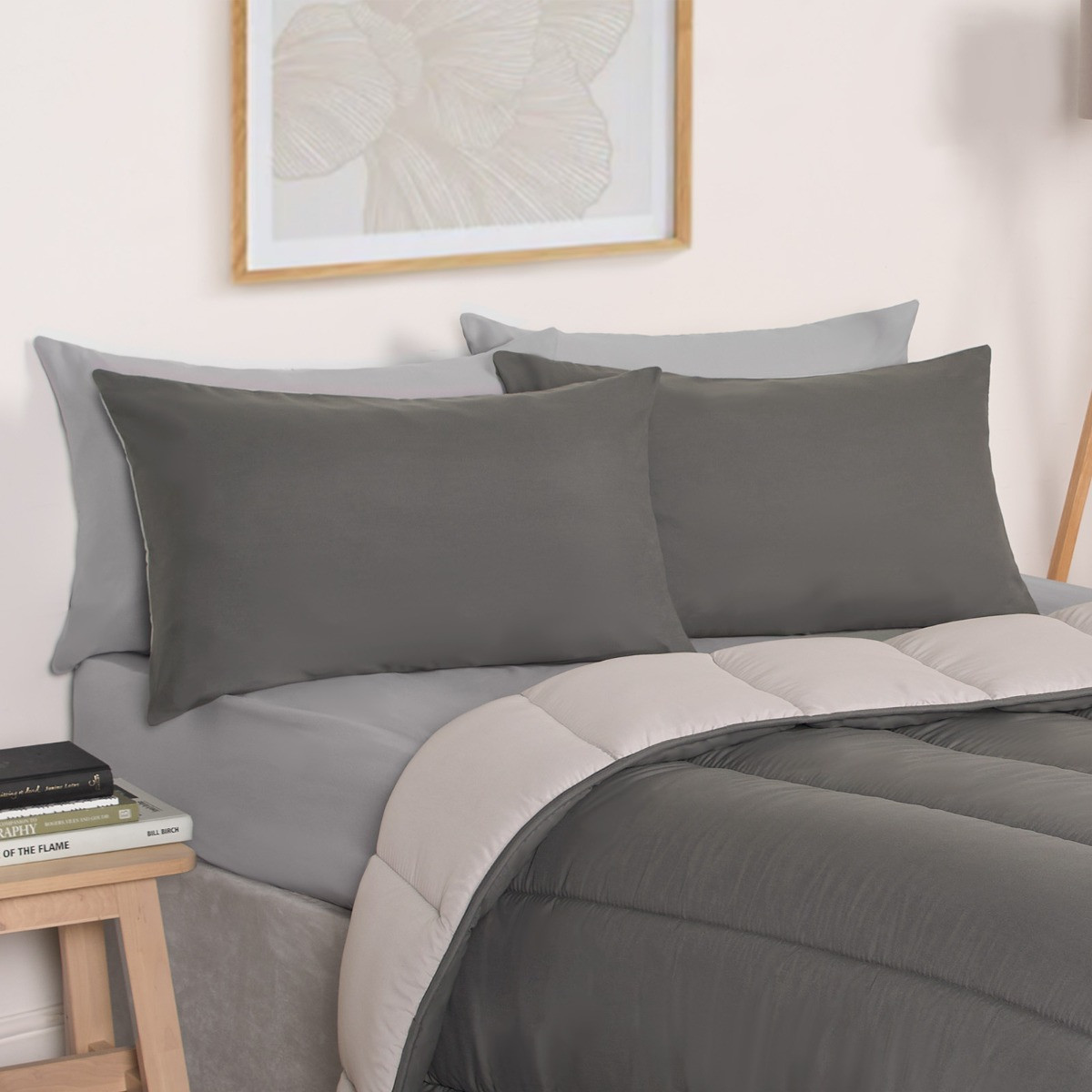 OHS Coverless 10.5 Tog Reversible Duvet & Pillowcase, Silver/Grey - Single>