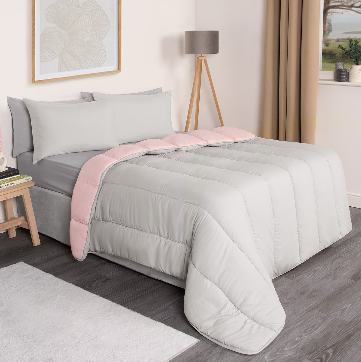 OHS Coverless 10.5 Tog Reversible Duvet & Pillowcase - Blush/Grey>