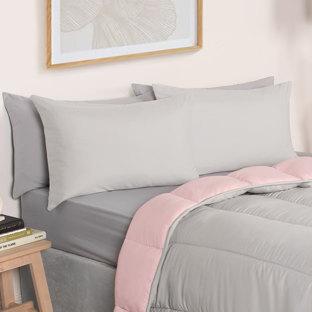 OHS Coverless 10.5 Tog Reversible Duvet & Pillowcase - Blush/Grey>