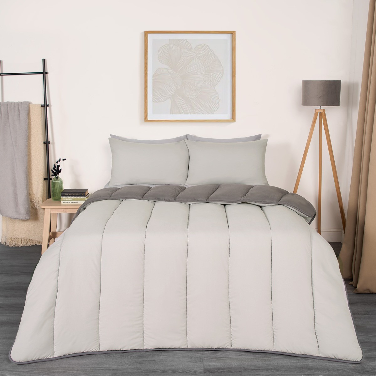OHS Coverless 10.5 Tog Reversible Duvet & Pillowcase, Silver/Grey - Single>