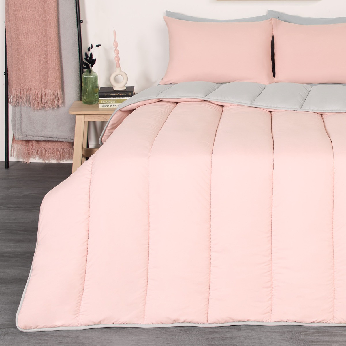 OHS Coverless 10.5 Tog Reversible Duvet & Pillowcase - Blush/Grey>