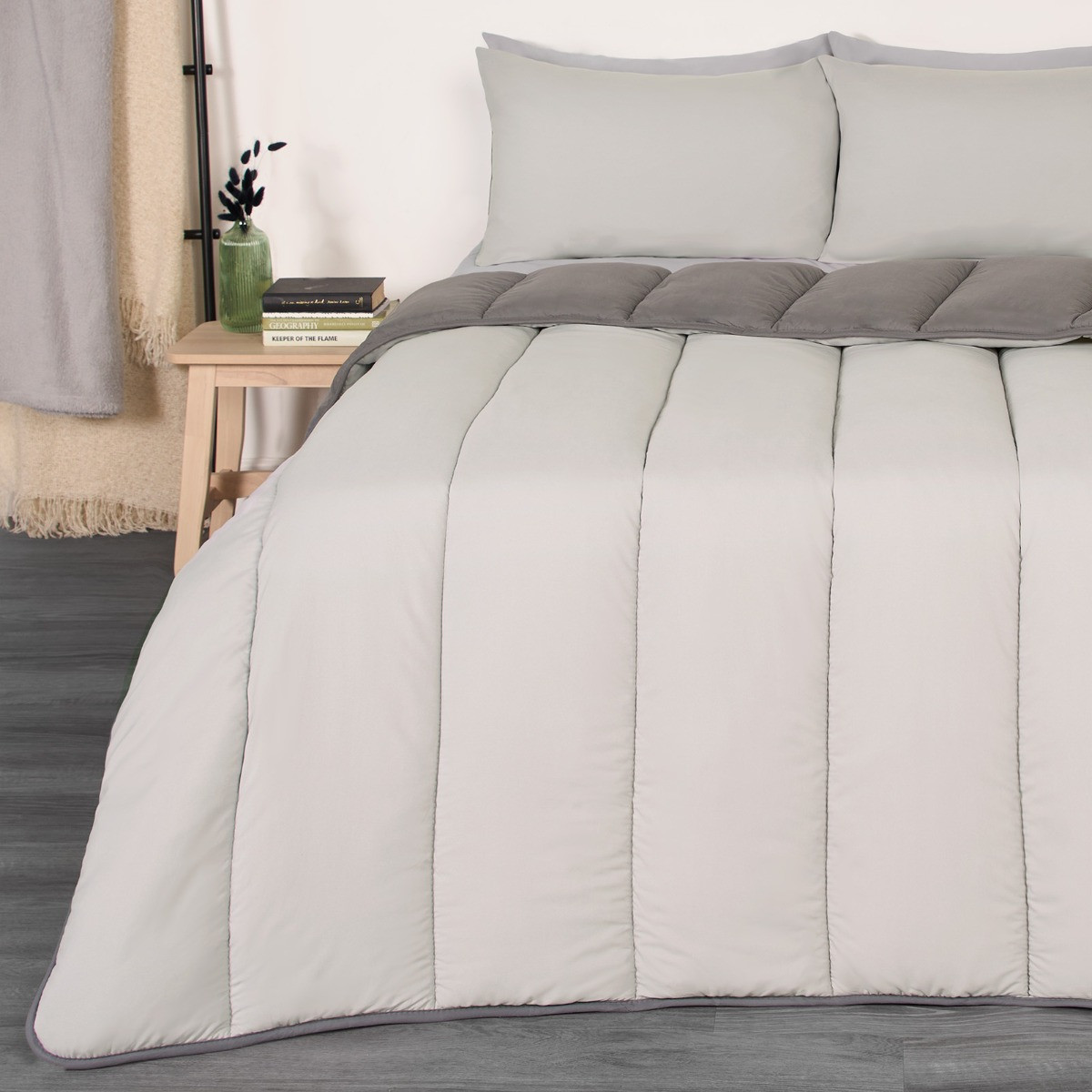 OHS Coverless 10.5 Tog Reversible Duvet & Pillowcase, Silver/Grey - Single>