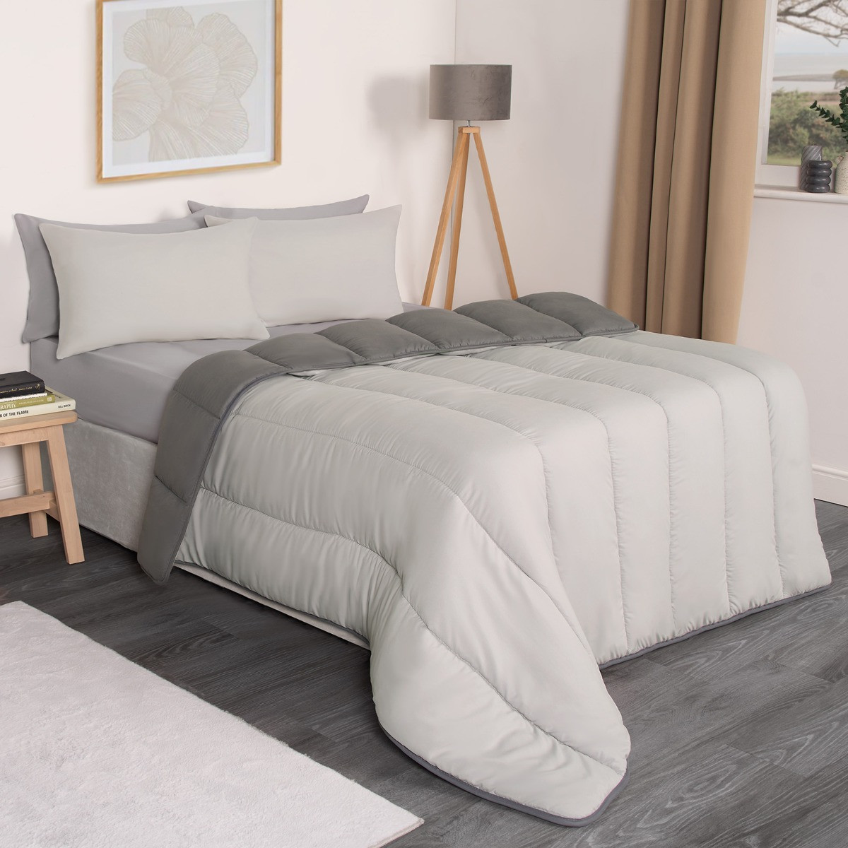 OHS Coverless 10.5 Tog Reversible Duvet & Pillowcase, Silver/Grey - Single>