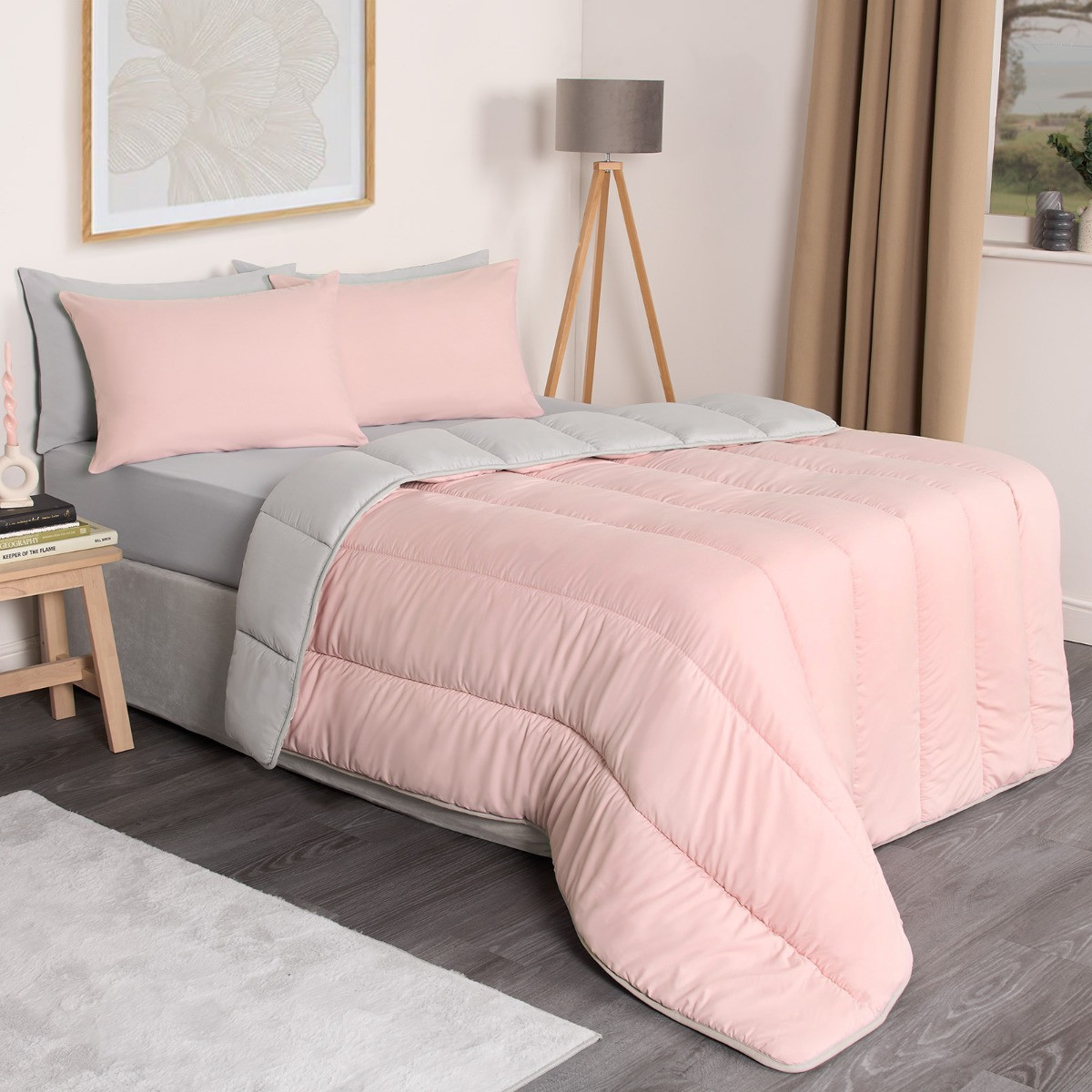 OHS Coverless 10.5 Tog Reversible Duvet & Pillowcase - Blush/Grey>