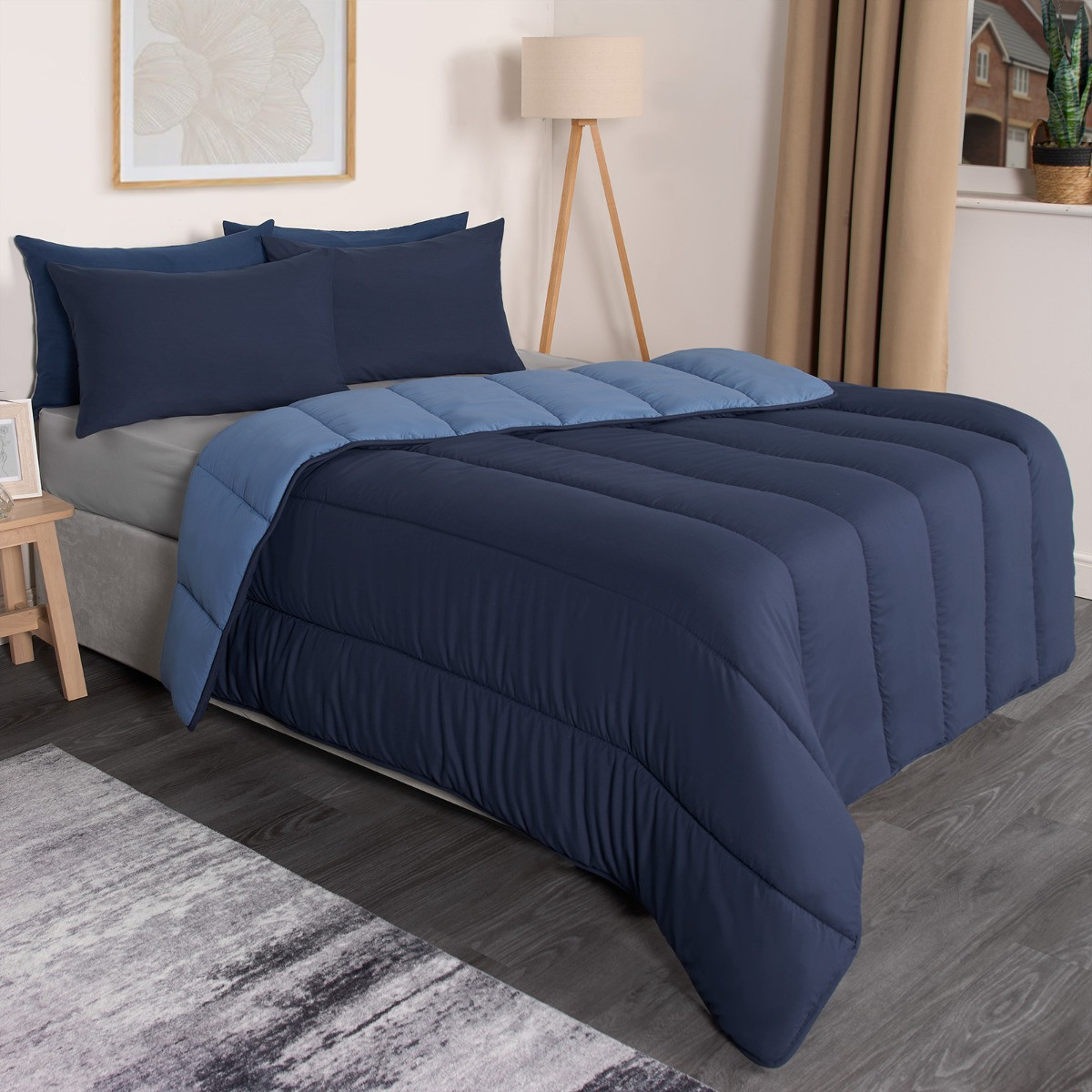 OHS Coverless 10.5 Tog Reversible Duvet & Pillowcase - Navy/Blue>