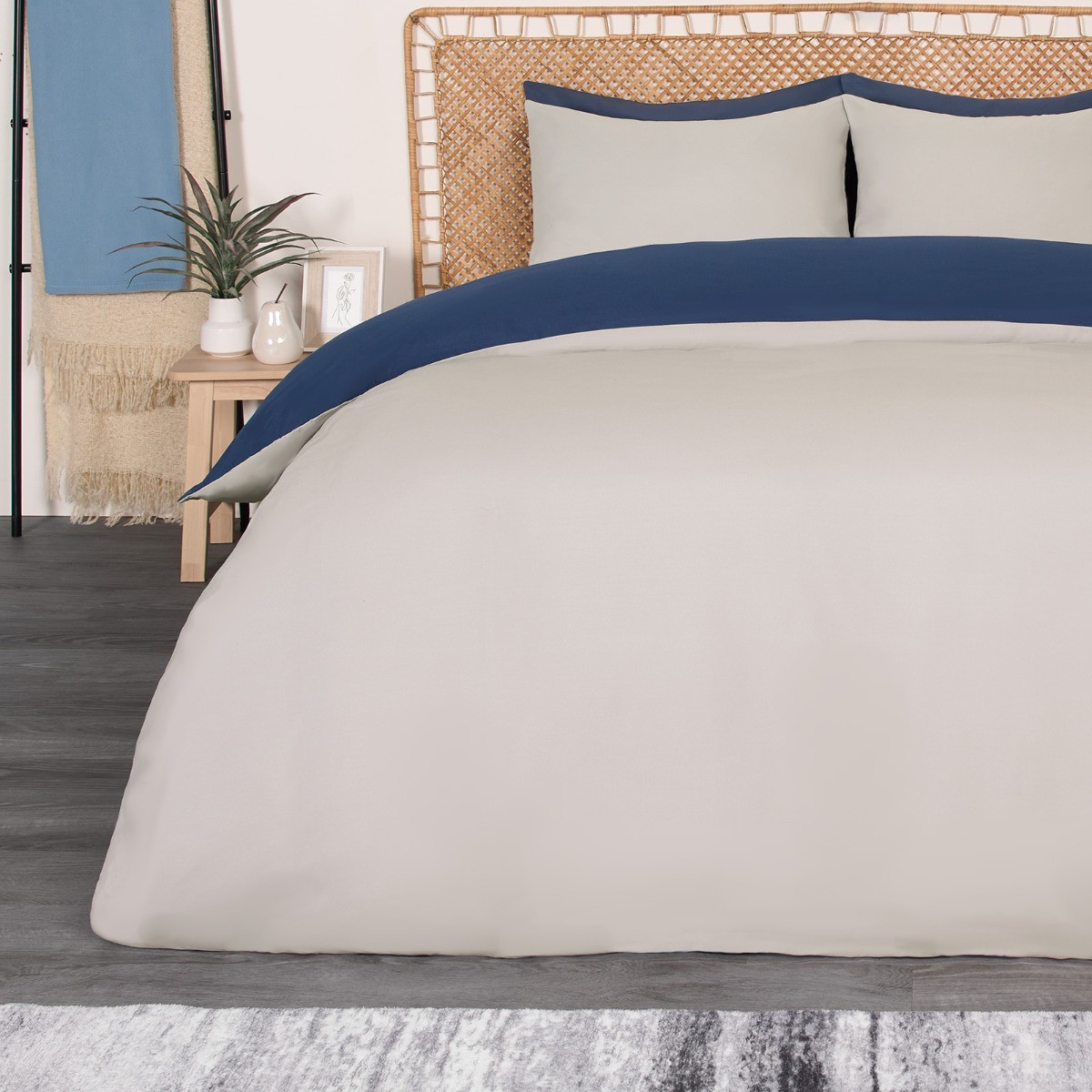 Brentfords Reversible Duvet Cover Set, Navy/Grey - Double>