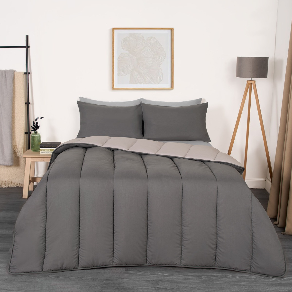 OHS Coverless 10.5 Tog Reversible Duvet & Pillowcase, Silver/Grey - Single>