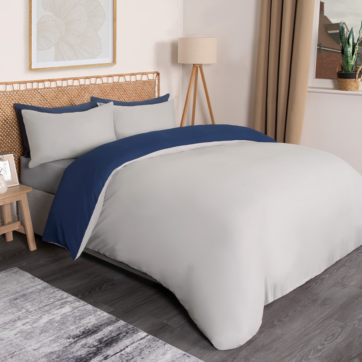 Brentfords Reversible Duvet Cover Set, Navy/Grey - Double>