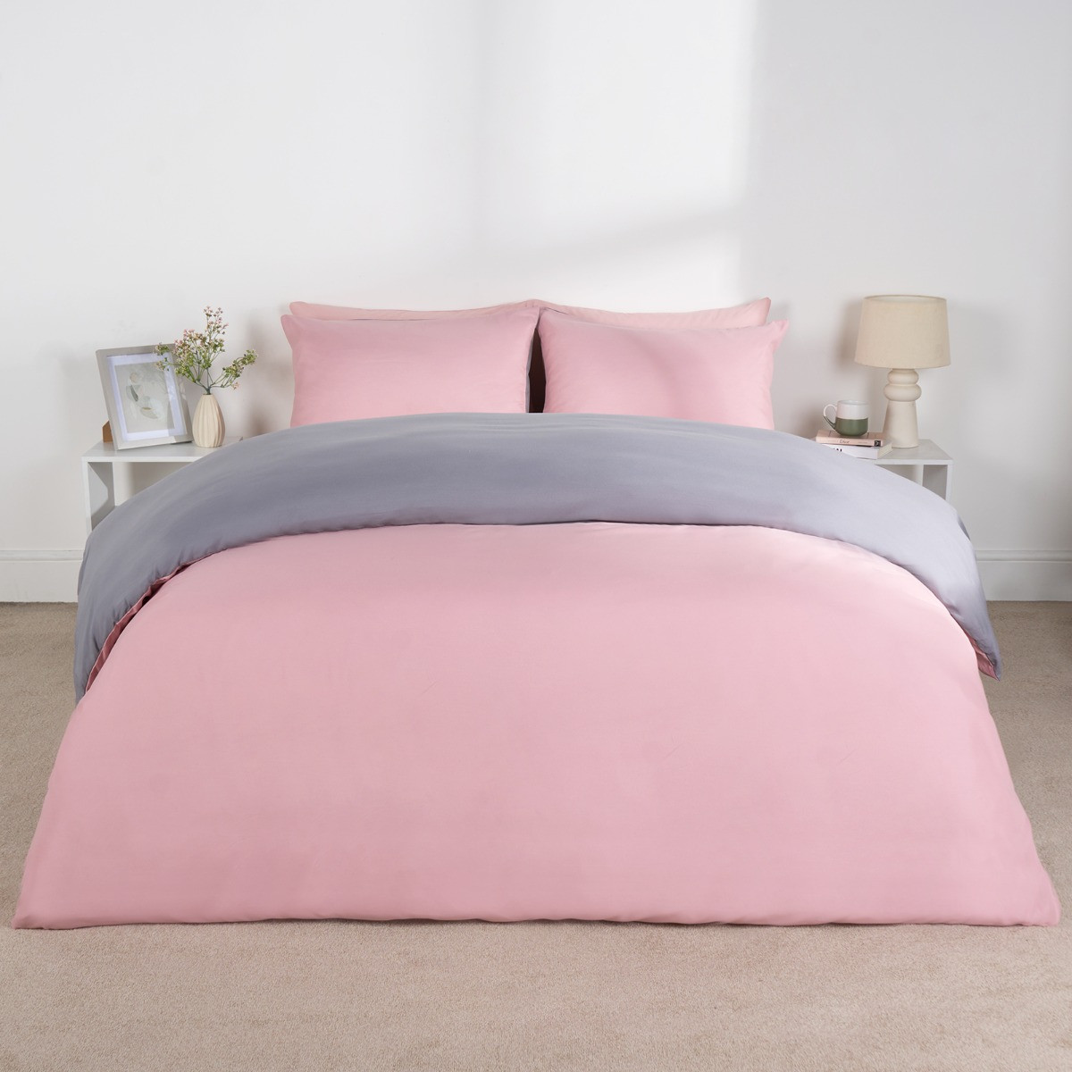 Brentfords Reversible Duvet Cover Set, Blush Pink Grey - Single>