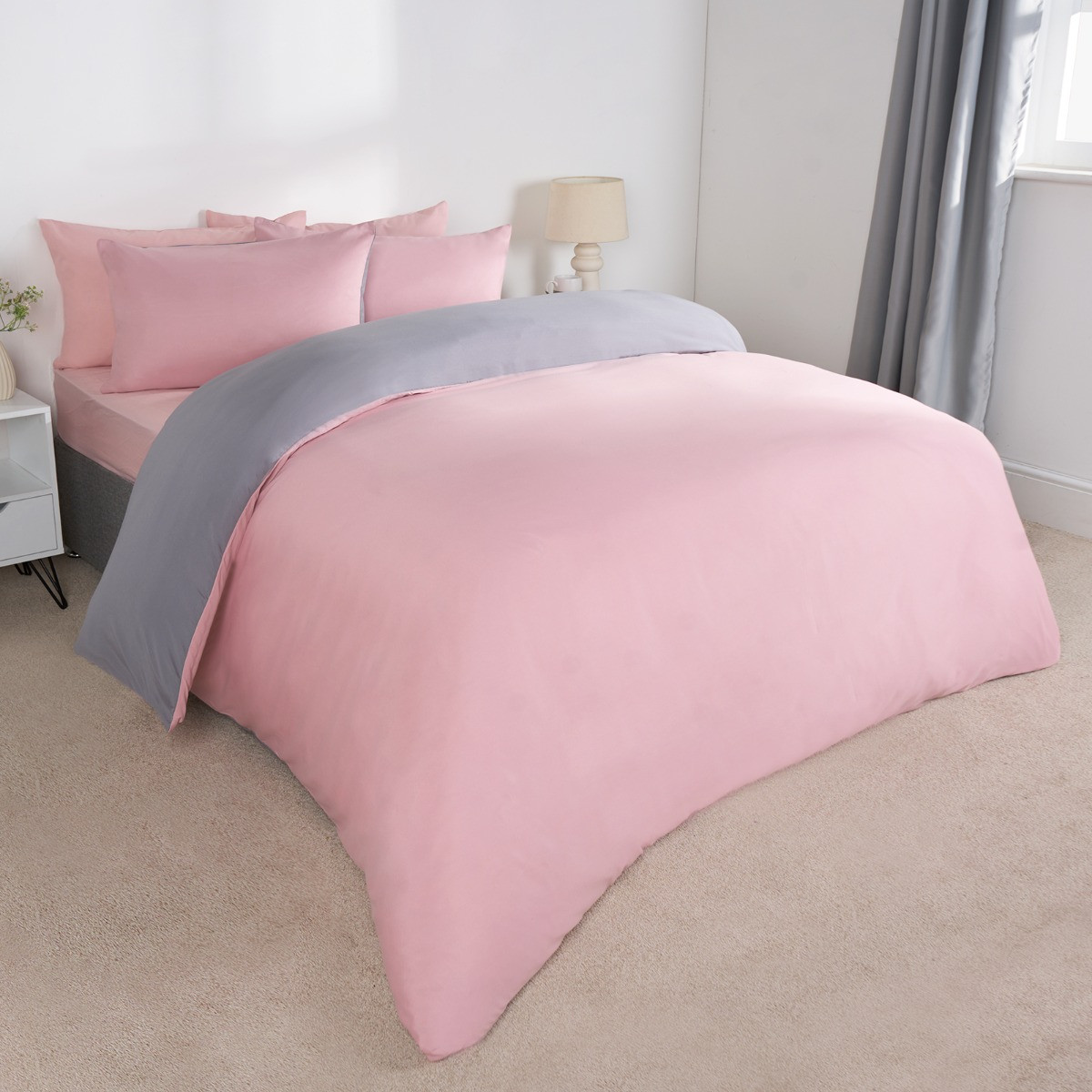 Brentfords Reversible Duvet Cover Set, Blush Pink Grey - Single>