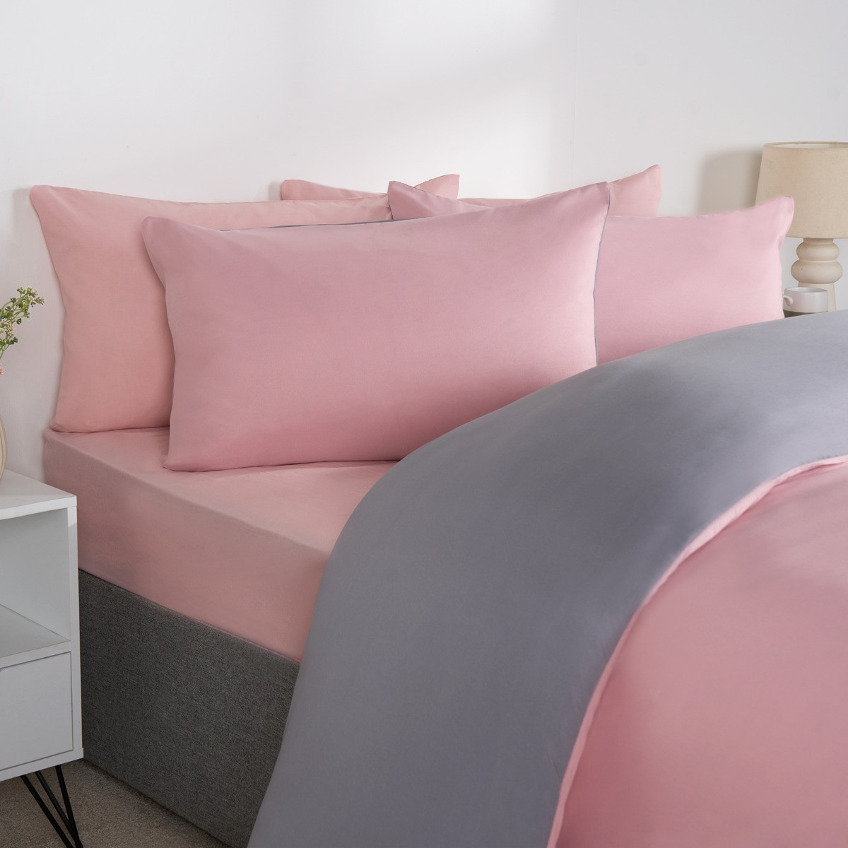 Brentfords Reversible Duvet Cover Set, Blush Pink Grey - Single>