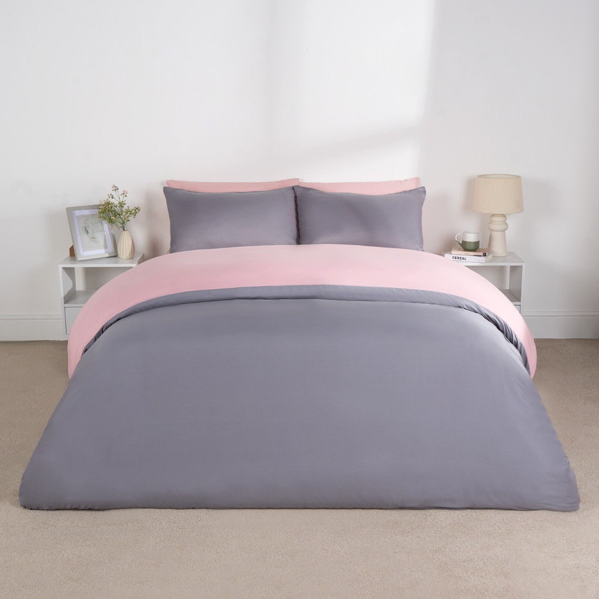 Brentfords Reversible Duvet Cover Set, Blush Pink Grey - Single>