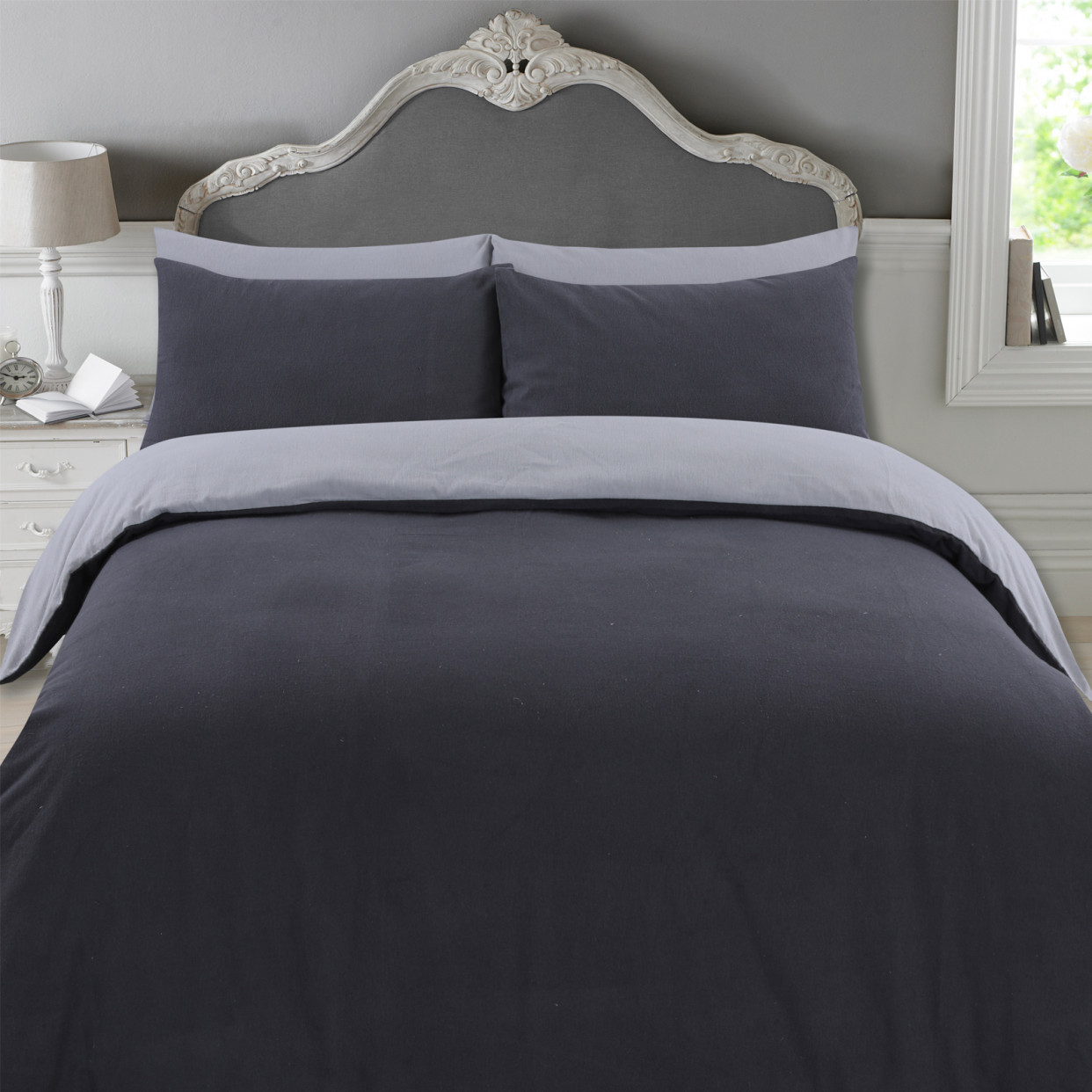 Highams 100% Brushed Cotton Reversible Complete Duvet Cover Set, Charcoal & Grey - King>