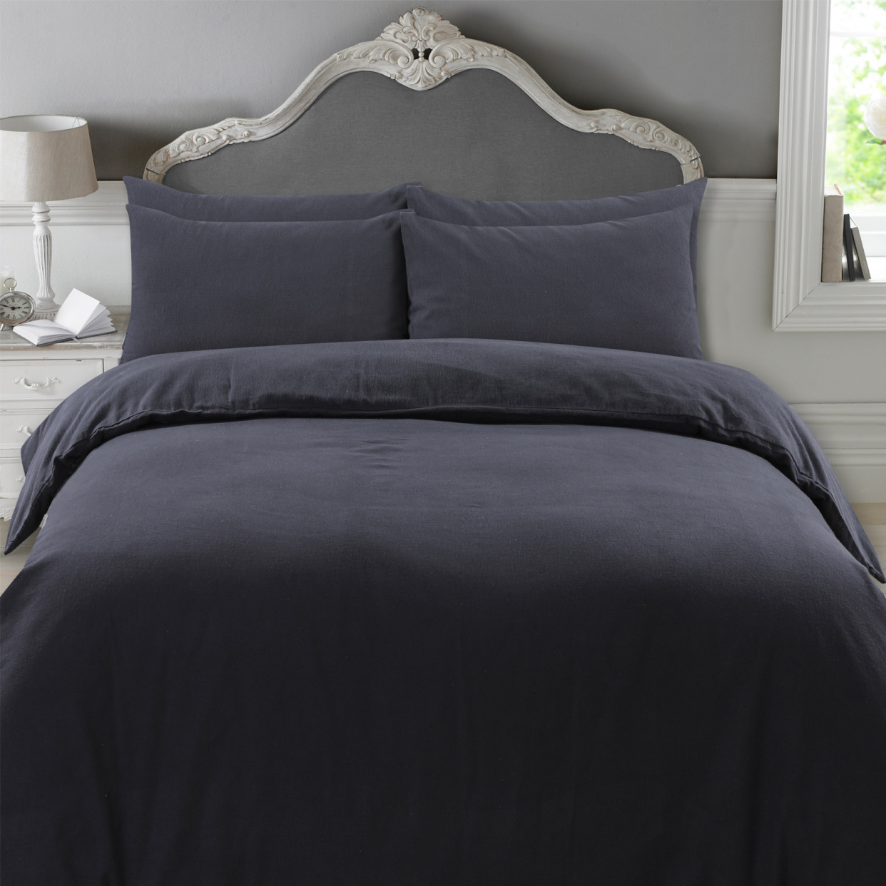 Highams 100% Brushed Cotton Complete Duvet Cover Set, Plain Charcoal Black - Single>