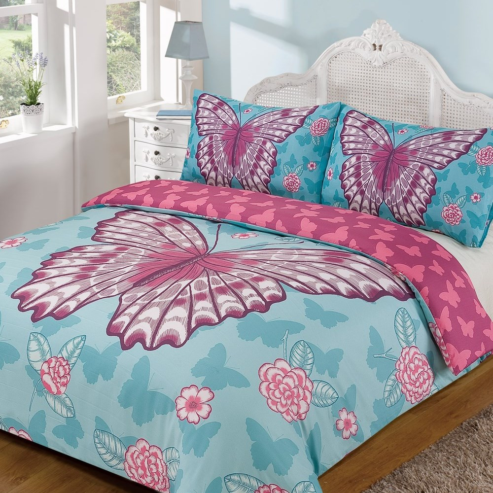 Dreamscene Butterfly Duvet Cover Set, Blue/Pink - Double>