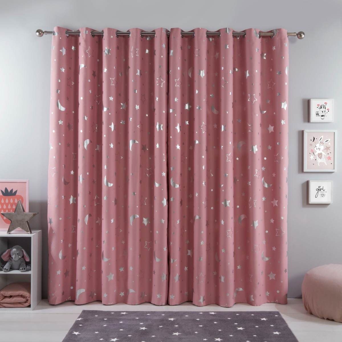 Dreamscene Galaxy Star Kids Eyelet Blackout Curtains, Blush Pink - 66" x 54">