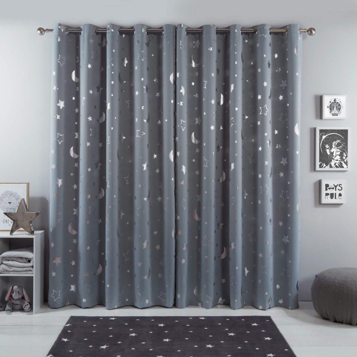 Dreamscene Galaxy Star Kids Eyelet Blackout Curtains, Silver Grey - 90" x 90">