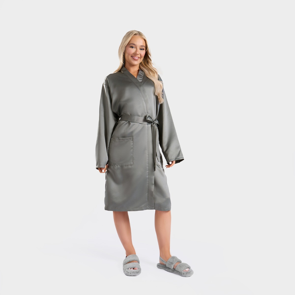 OHS Satin Dressing Gown Robe - Charcoal>