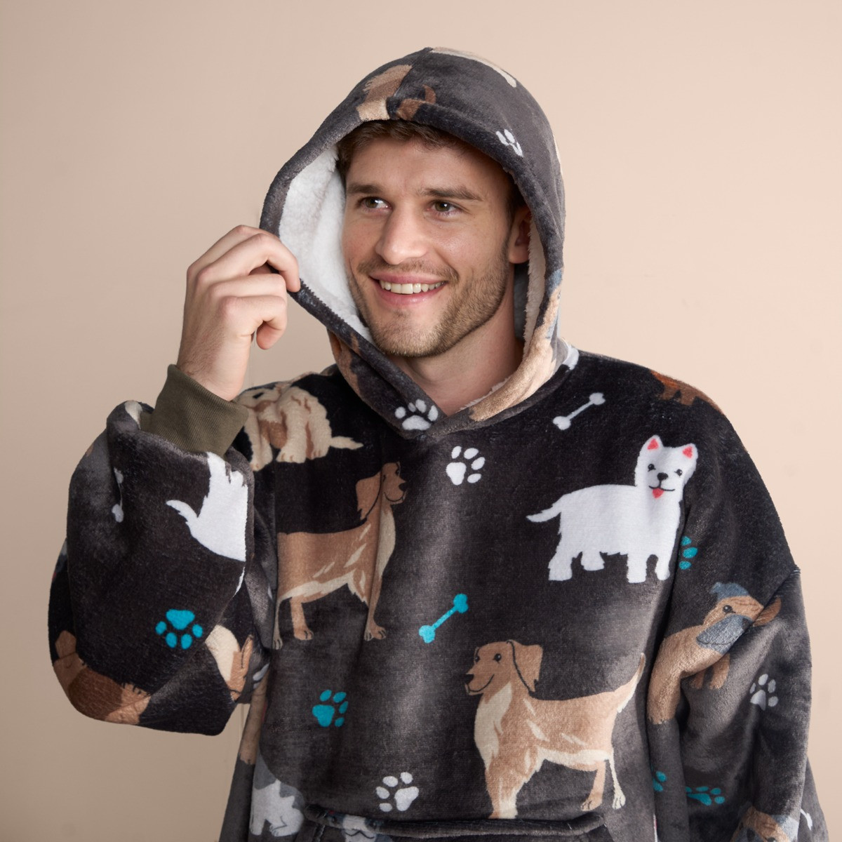 OHS Adults Dog Print Hoodie Blanket Charcoal