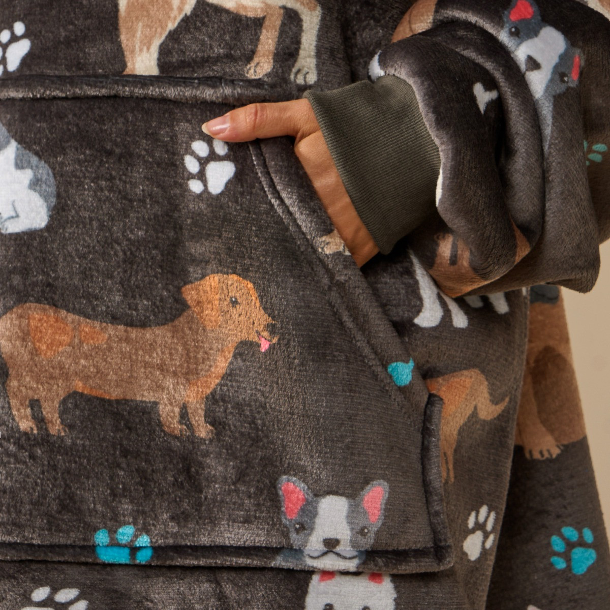 OHS Adults Dog Print Hoodie Blanket - Charcoal>