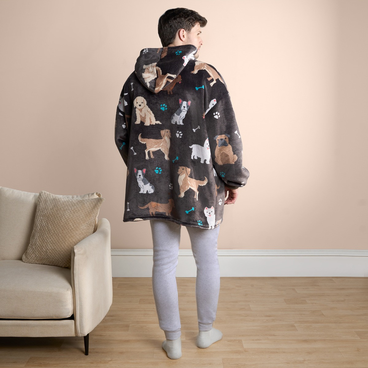 OHS Adults Dog Print Hoodie Blanket - Charcoal>