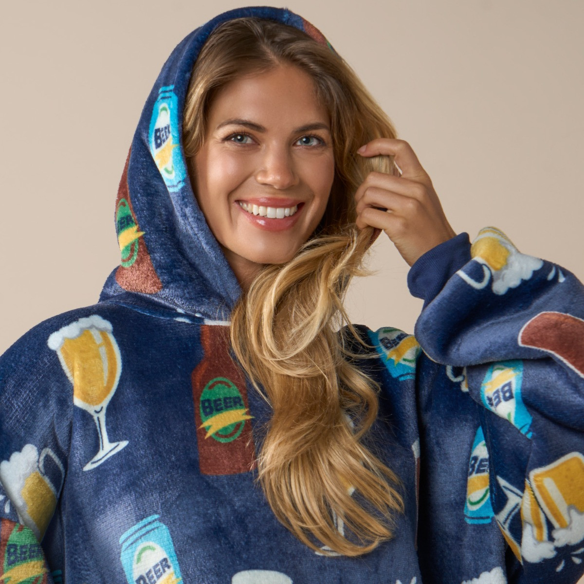 OHS Adults Beer Pint Print Hoodie Blanket - Navy>