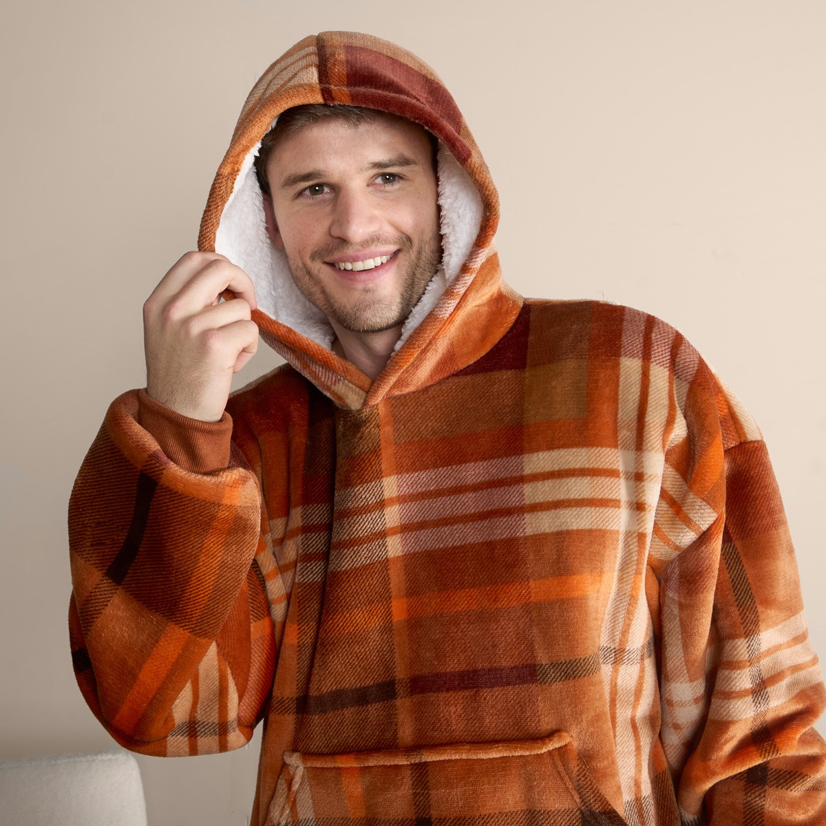 OHS Flannel Check Print Hoodie Blanket - Rust Orange >