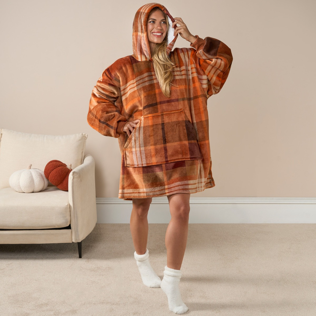 OHS Flannel Check Print Hoodie Blanket - Rust Orange >