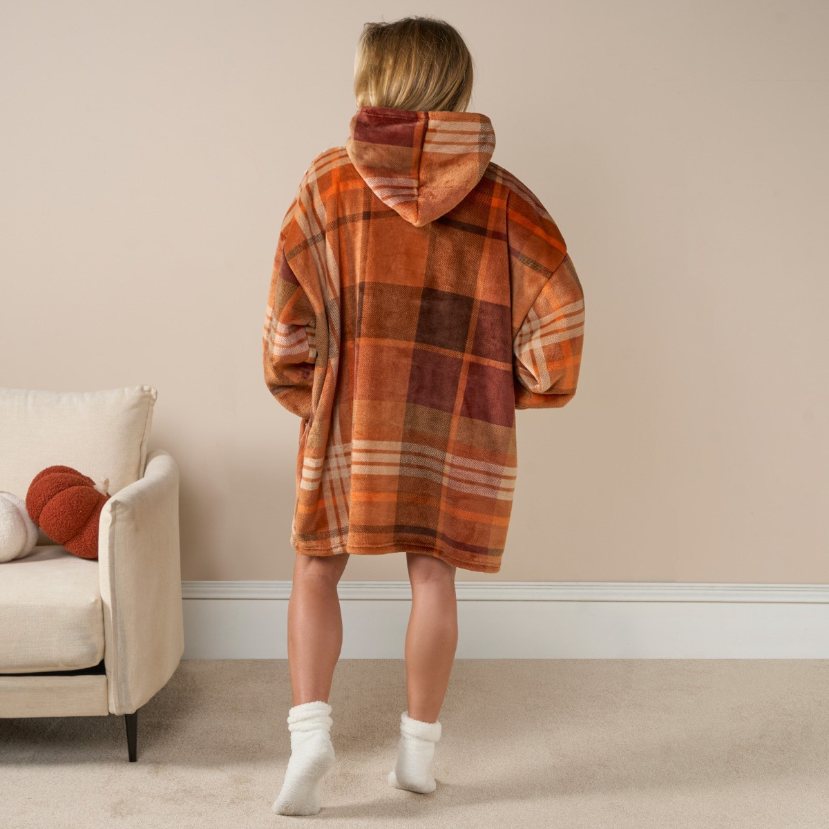 OHS Flannel Check Print Hoodie Blanket - Rust Orange >