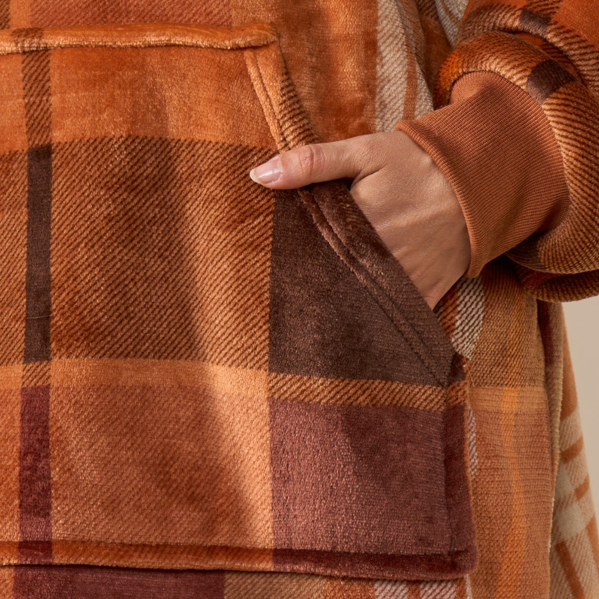 OHS Flannel Check Print Hoodie Blanket - Rust Orange >