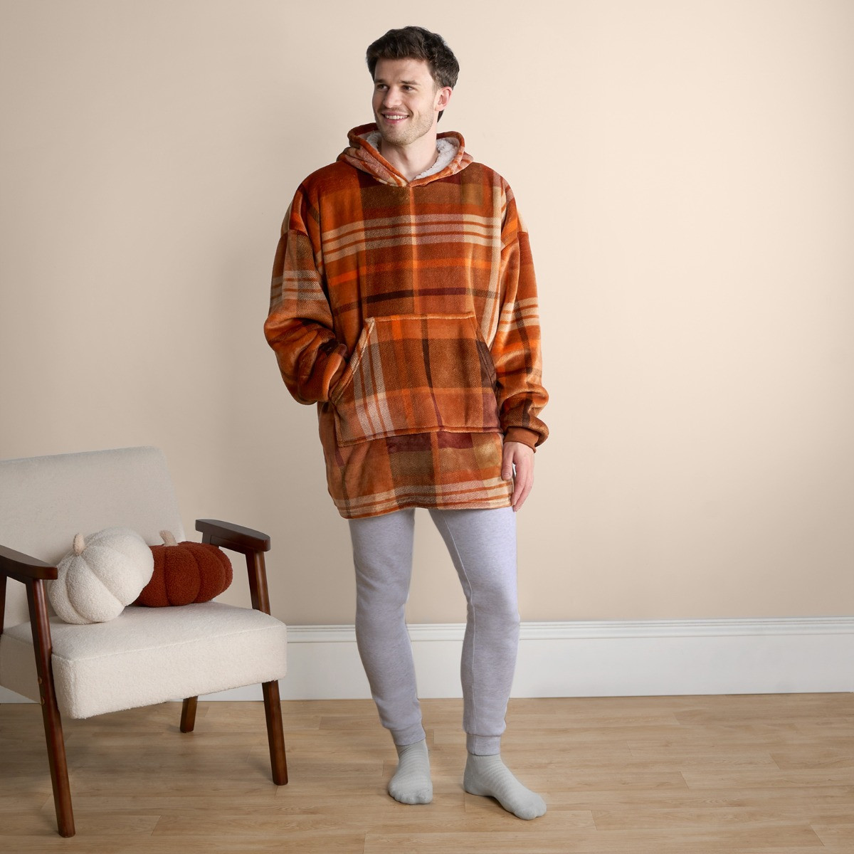 OHS Flannel Check Print Hoodie Blanket - Rust Orange >