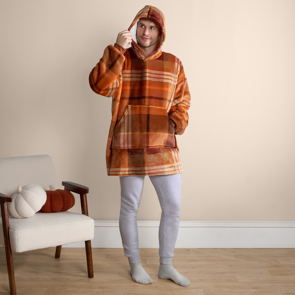 OHS Flannel Check Print Hoodie Blanket - Rust Orange >