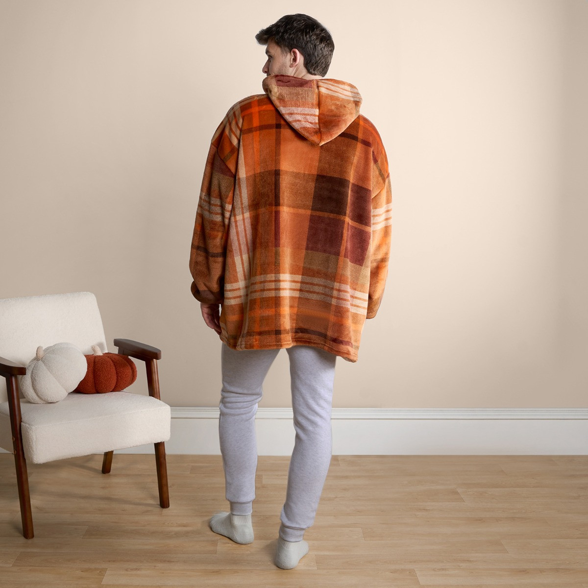 OHS Flannel Check Print Hoodie Blanket - Rust Orange >