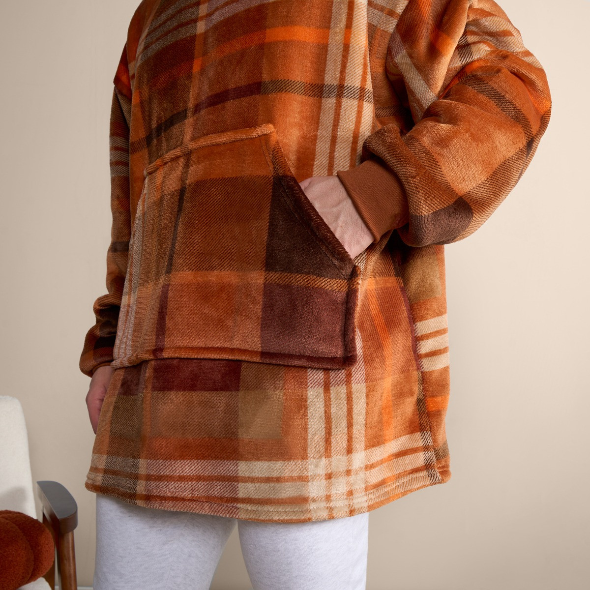 OHS Flannel Check Print Hoodie Blanket - Rust Orange >