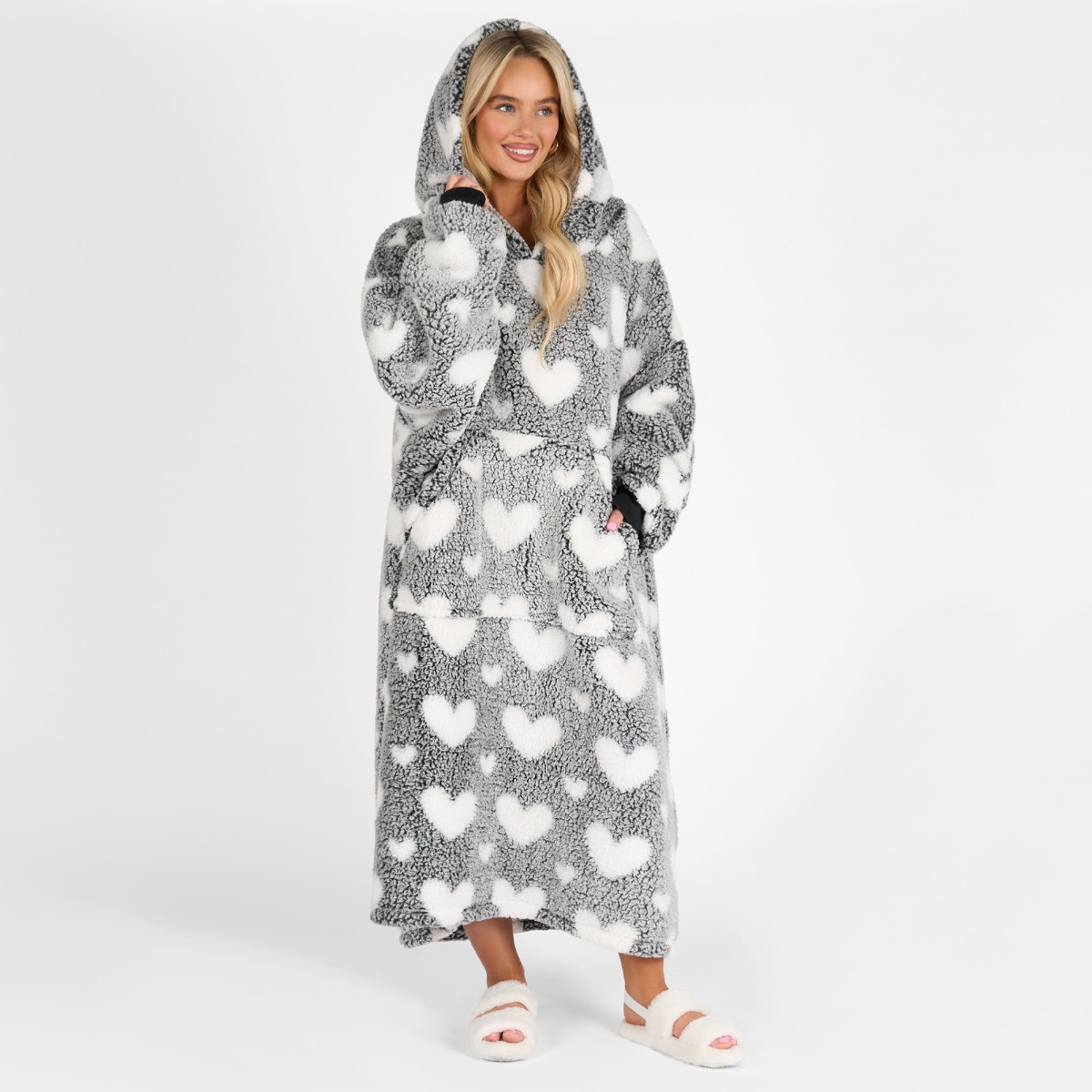 OHS Adults Extra Long Heart Teddy Marl Hoodie Blanket - Black>