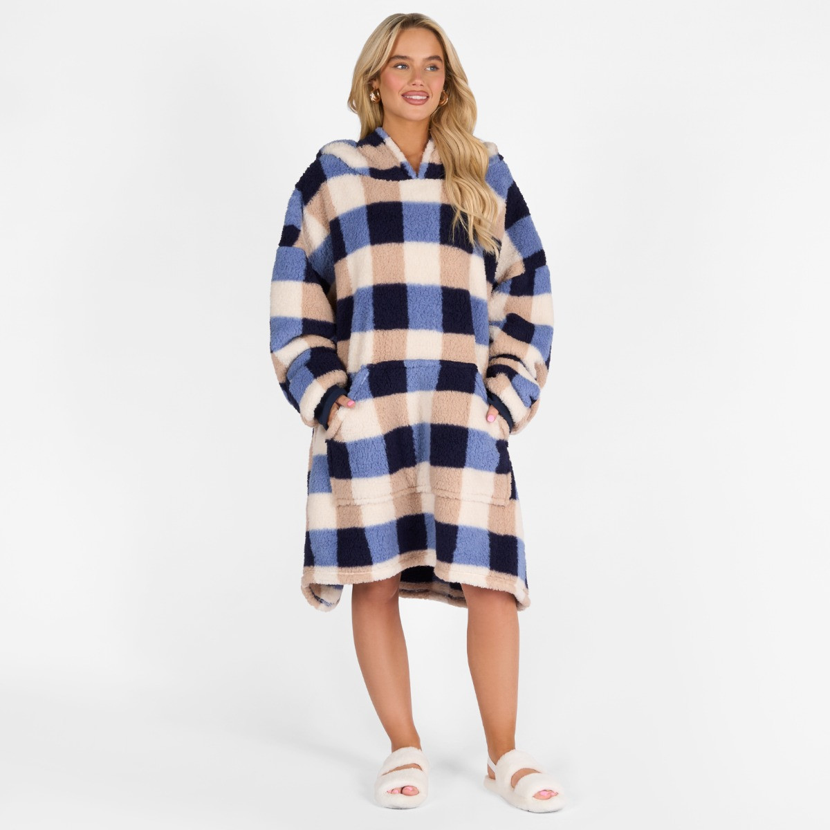 OHS Adults Gingham Check Print Teddy Hoodie Blanket - Navy/Natural>