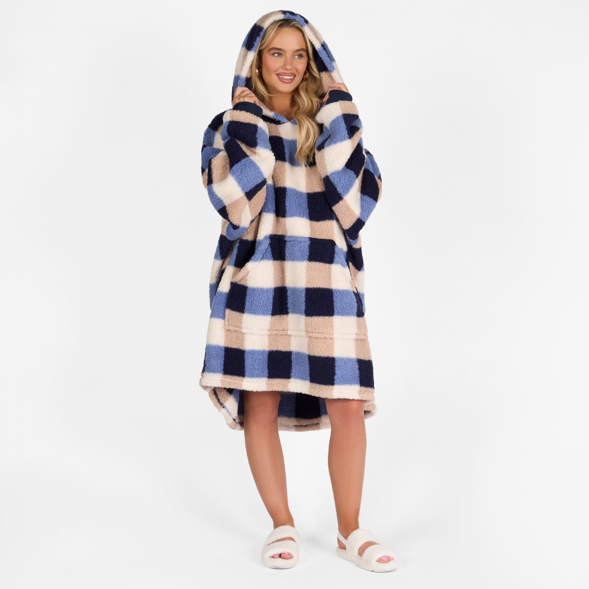 OHS Adults Gingham Check Print Teddy Hoodie Blanket - Navy/Natural>