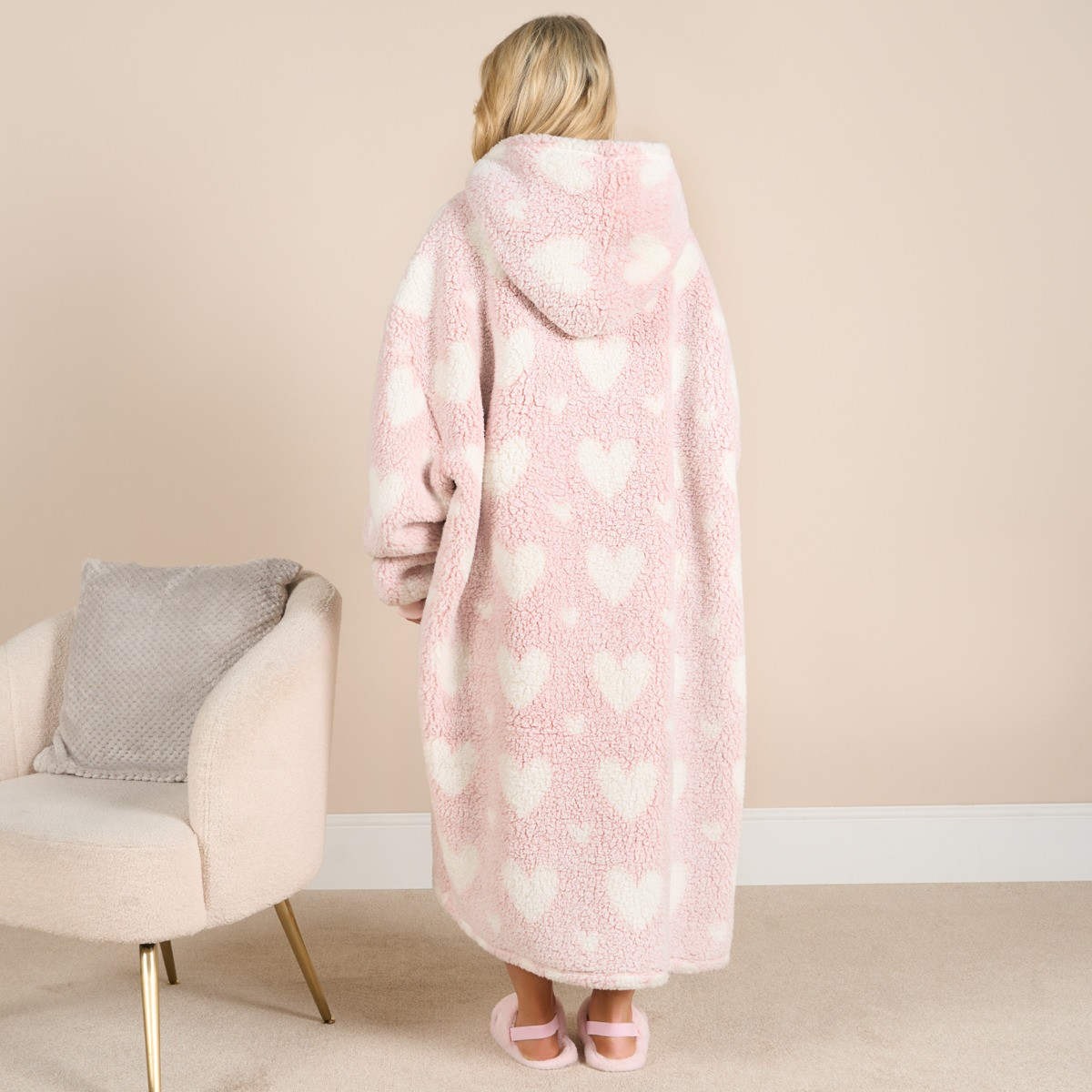 OHS Adults Extra Long Heart Teddy Marl Hoodie Blanket - Blush >