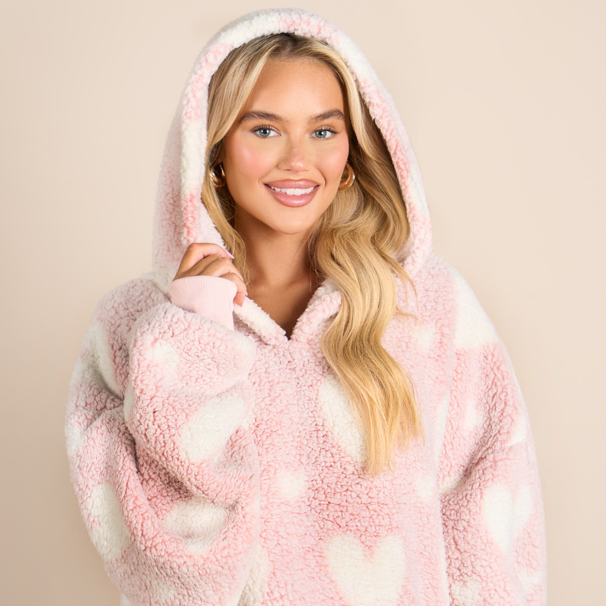 OHS Adults Extra Long Heart Teddy Marl Hoodie Blanket - Blush >