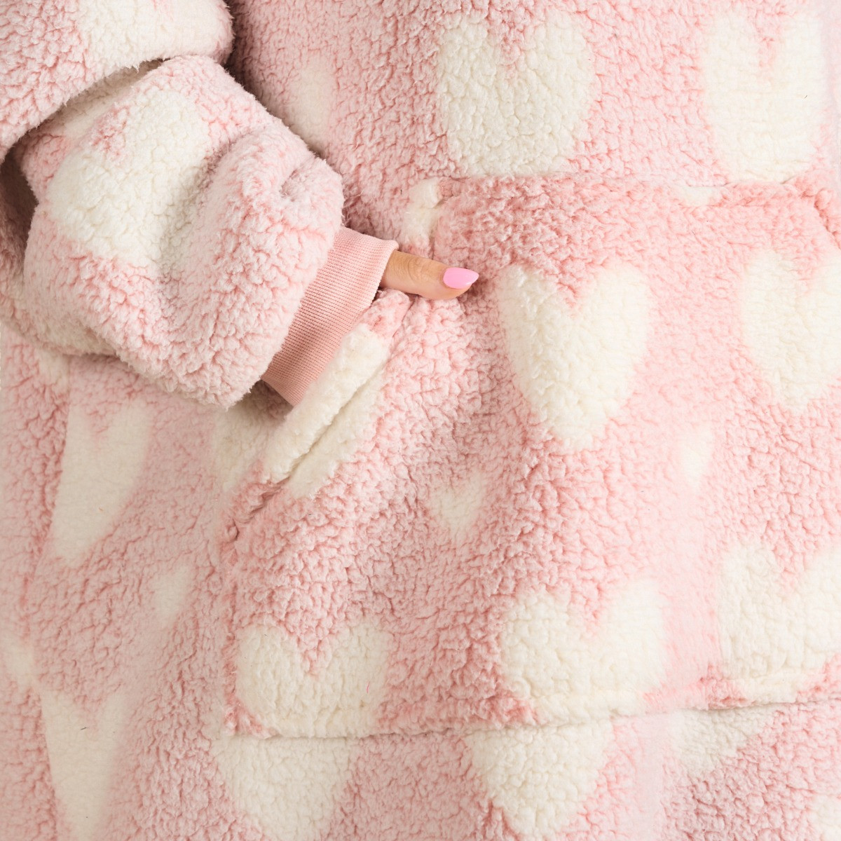 OHS Adults Extra Long Heart Teddy Marl Hoodie Blanket - Blush >