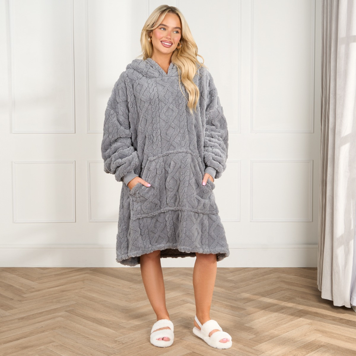 OHS Adults Cable Knit Fleece Hoodie Blanket Filled - Grey >