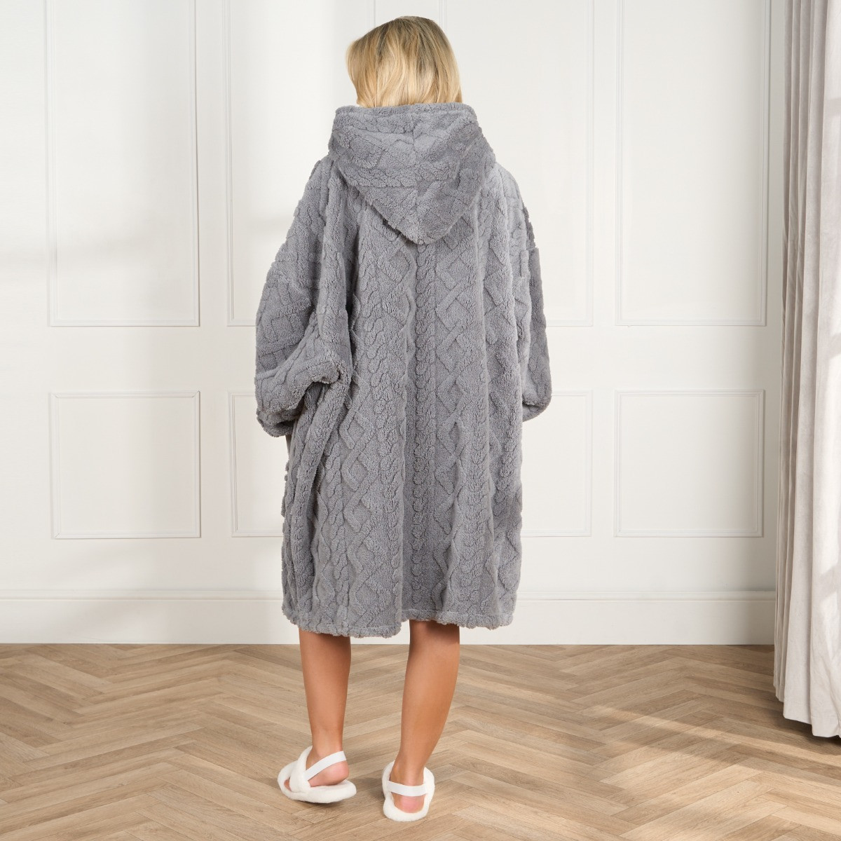 OHS Adults Cable Knit Fleece Hoodie Blanket Filled - Grey >