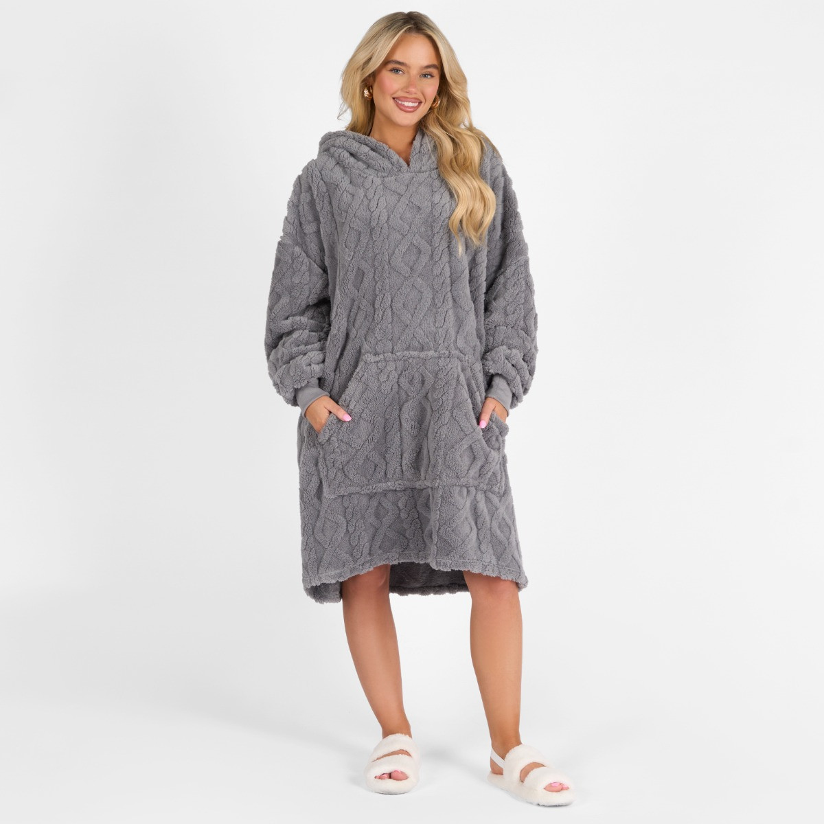 OHS Adults Cable Knit Fleece Hoodie Blanket Filled - Grey >