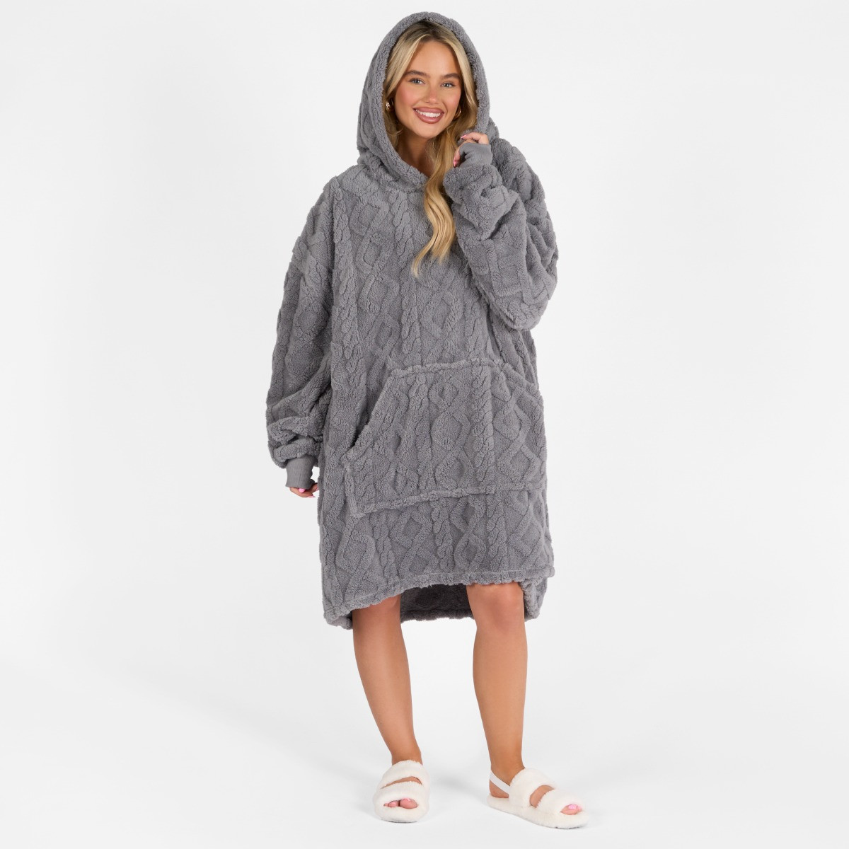 OHS Adults Cable Knit Fleece Hoodie Blanket Filled - Grey >