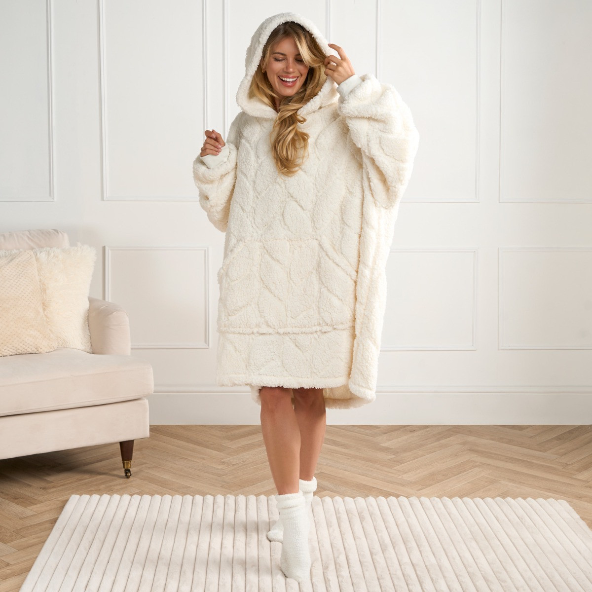 OHS Adults Braided Fleece Hoodie Blanket - Cream >