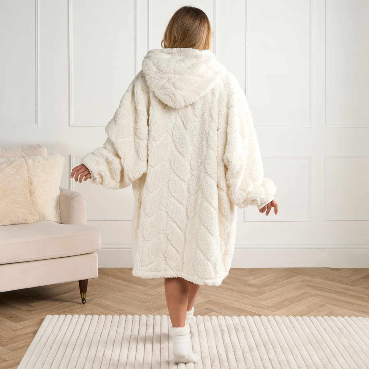 OHS Adults Braided Fleece Hoodie Blanket - Cream >