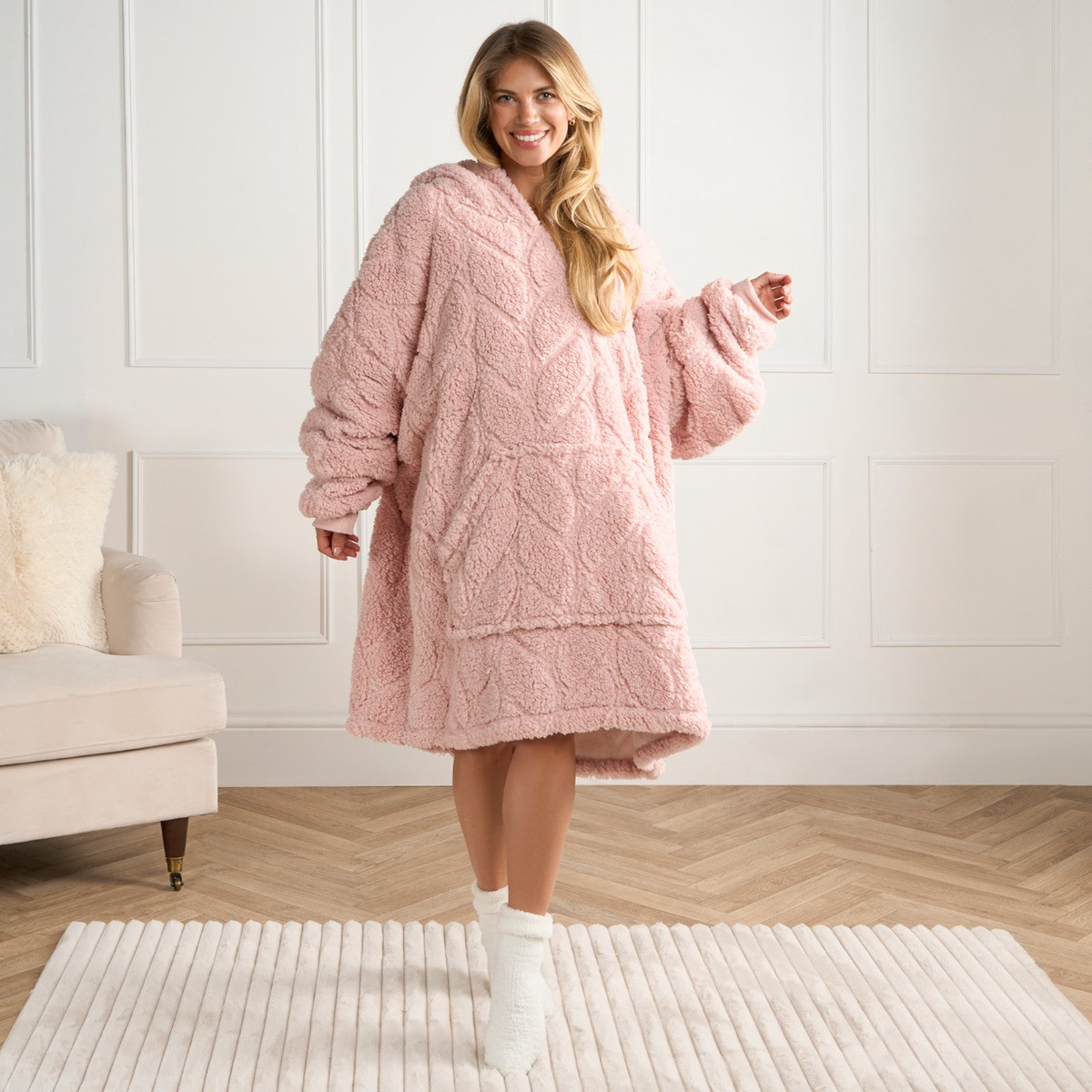 OHS Adults Braided Fleece Hoodie Blanket - Blush>