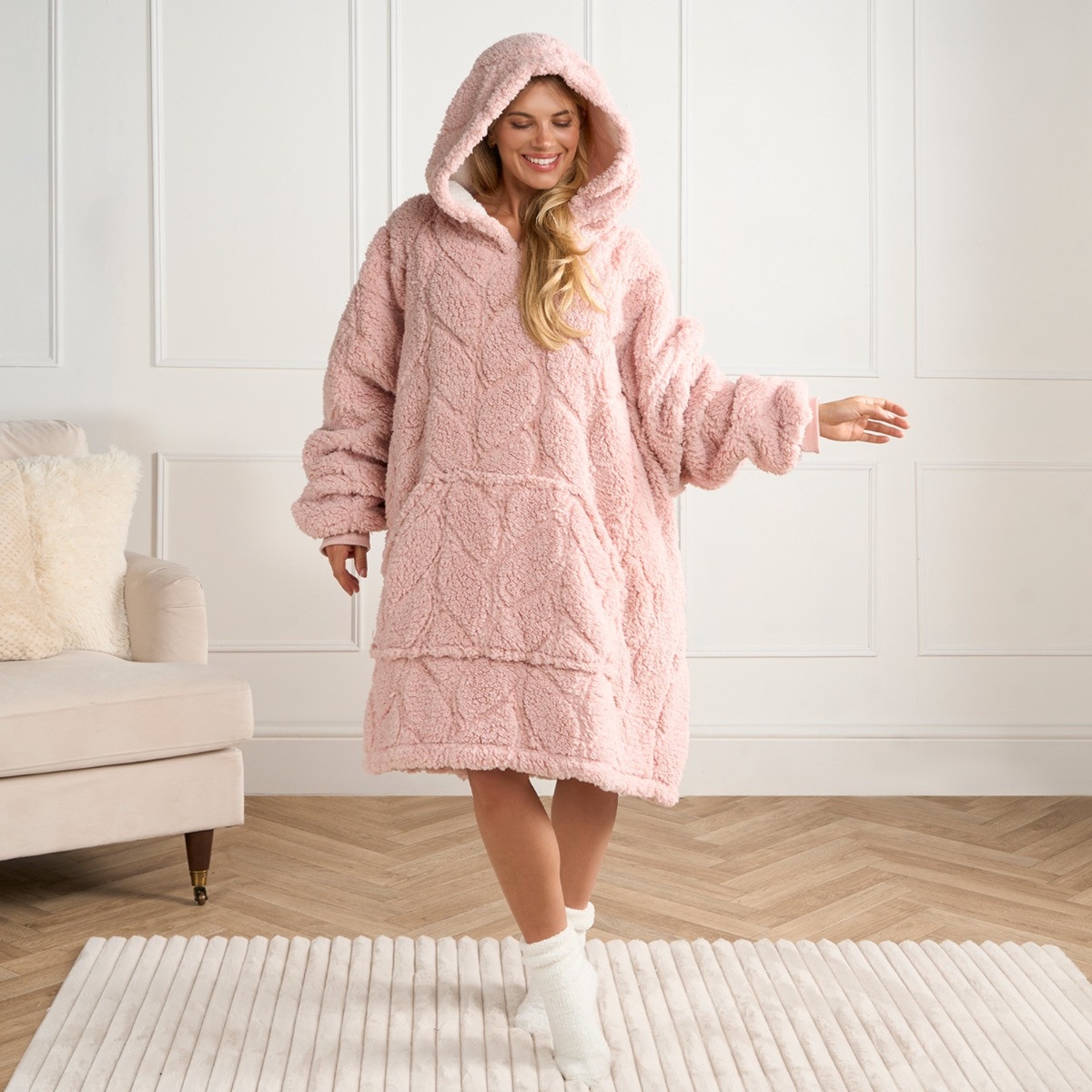 OHS Adults Braided Fleece Hoodie Blanket - Blush>