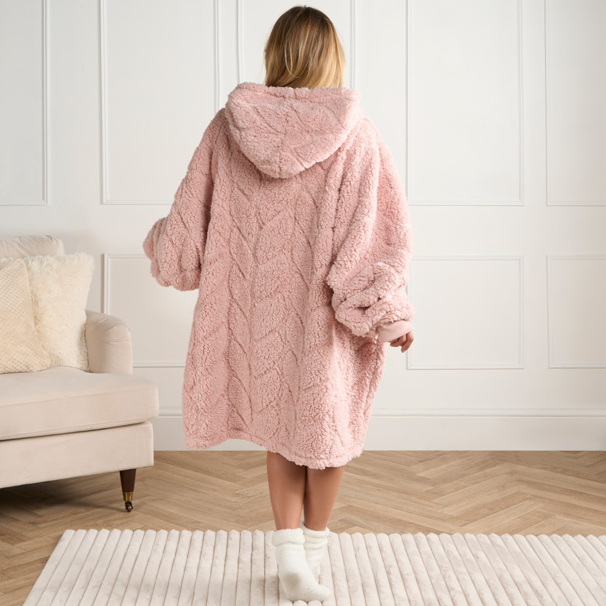 OHS Adults Braided Fleece Hoodie Blanket - Blush>