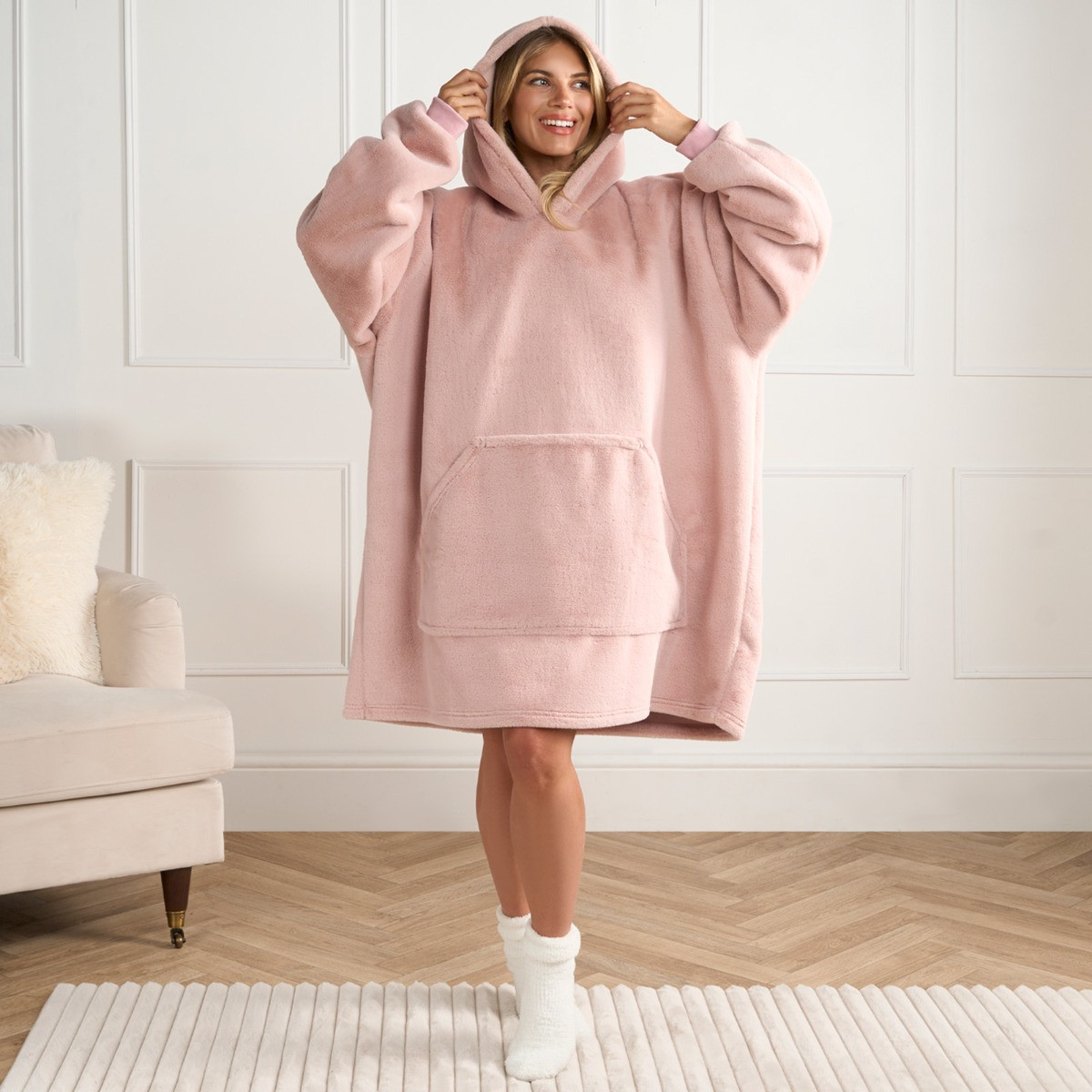 OHS Adults Faux Fur Hoodie Blanket - Blush>